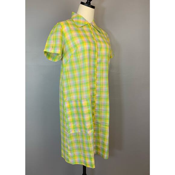 Vintage 1960s Neon Pastel Plaid Shirt Dress House Dress Dagger Collar Zip Front - Picture 2 of 9